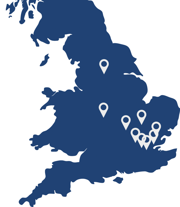 Map of IOSH Working Safely course locations from Project Skills Solutions - Blue